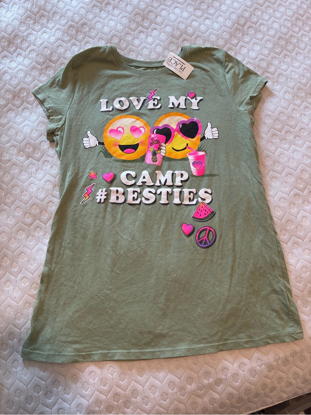 Place Olive Green Short Sleeve Tee with Pink & Yellow Emoji Graphics